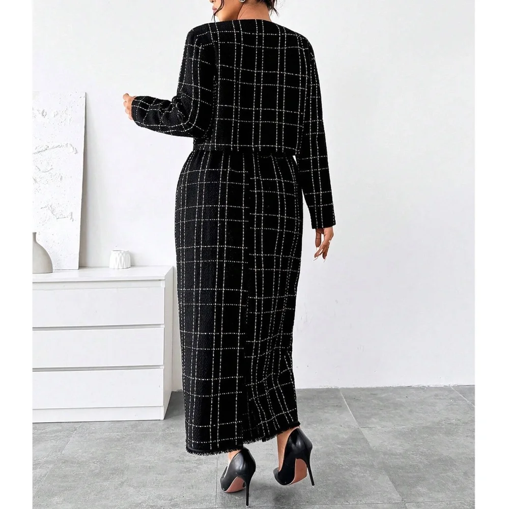 Plus Classic Plaid Print Tweed Blazer Maxi Skirt Set - Picture 4 of 9